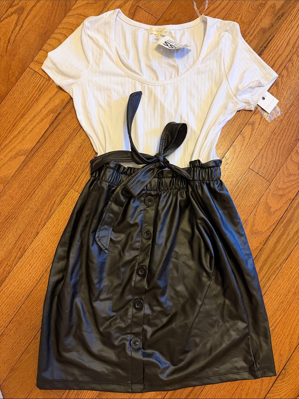 Ultra Flirt White Ribbed Tee with Black Faux-Leather Button Skirt